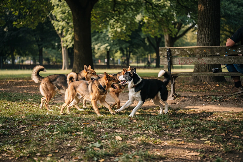 Image des plusieurs chiens qui jouent dans un parc canin (IA generated)